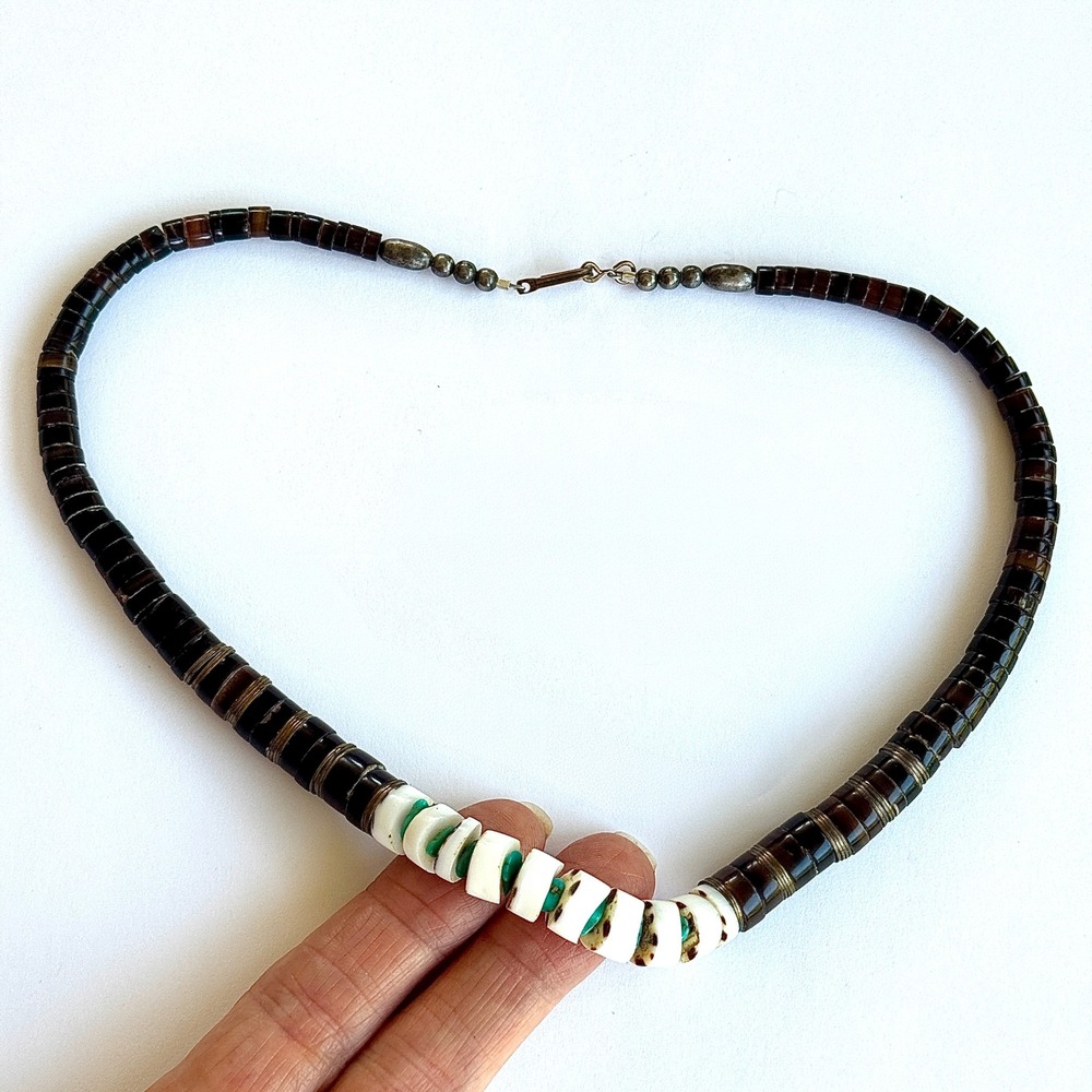 VTG Native American Heishe Necklace Turquoise 18in Graduated Shell Santo Domingo